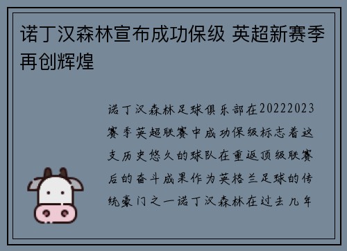 诺丁汉森林宣布成功保级 英超新赛季再创辉煌